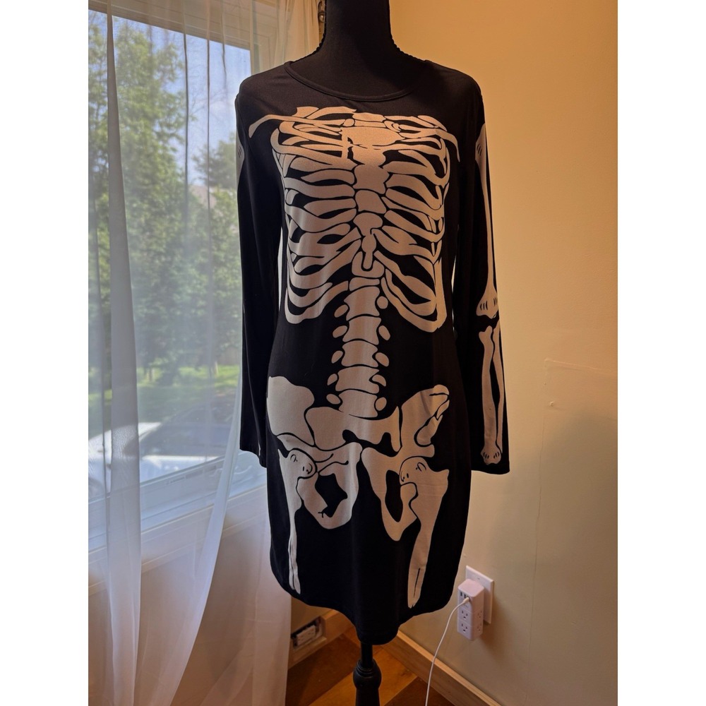 Black White Skeleton Halloween Costume Dress Long Sleeve Short Stretch Jersey L